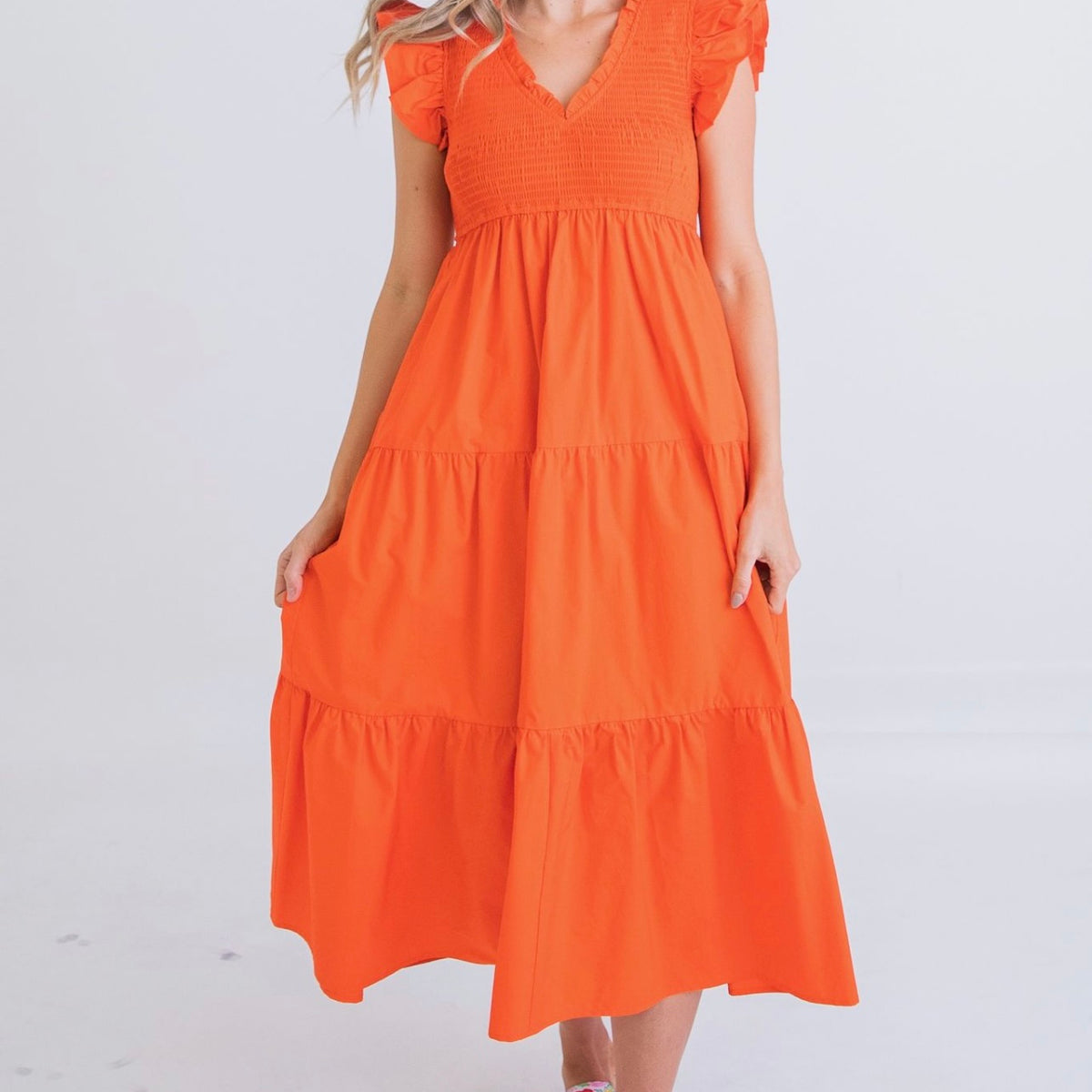 Coral Smocked Midi Dress – Taylor Collection